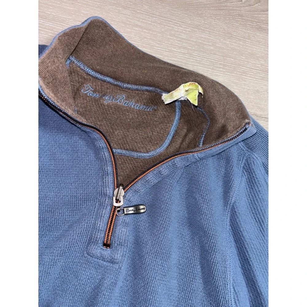 Tommy Bahama Mens Blue Waffle Knit Quarter Zip Pullover Sweater M Heritage